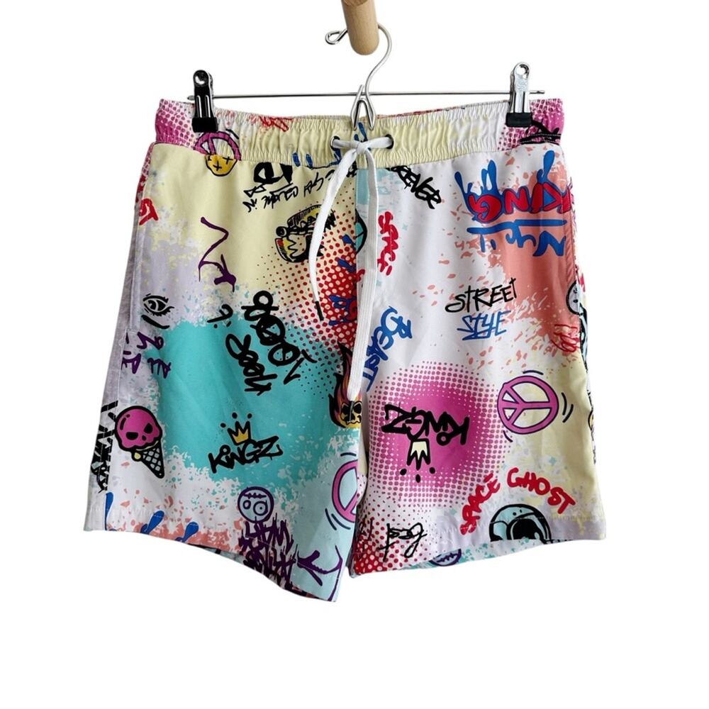 Surf Society Graffiti Print Swim Shorts Colorful Mesh Lined Size Men's Medium